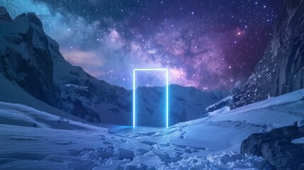 Snowy mountains with glowing portal. A luminous portal shimmers in a snowy mountainous landscape, under a starry night sky.