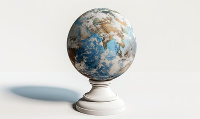 A globe stands upright in the middle of a white background
