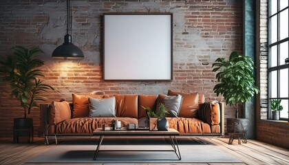 Loft Living: Industrial Style Frame Mockup in Modern Living Room - 3D Render"