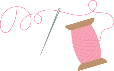 Thread needle and bobbin logo, flat sewing decoration element, hand drawn embroidery accessories illustration, vector tailor tool design, cartoon dressmaking supplies object,