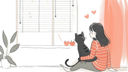 Girl and Her Feline Companion Enjoying a Cozy Moment at the Window