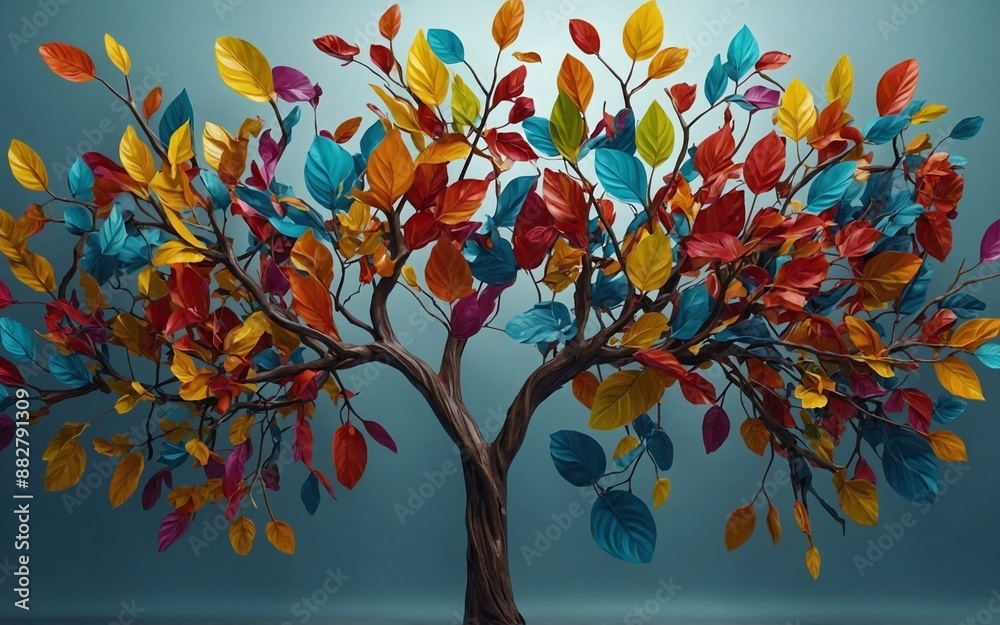 Wall mural colorful tree with leaves on hanging branches illustration background. 3d abstraction wallpaper . fl