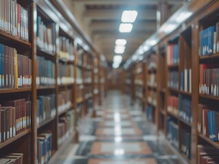 Serene Library Aisle with Endless Rows of Books