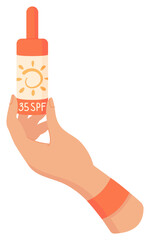 Hand holds sun block oil product sticker, vector sun block cosmetic bottle, cartoon sunscreen spray pack, creative solar protection cream container, flat sunblock oil tube,
