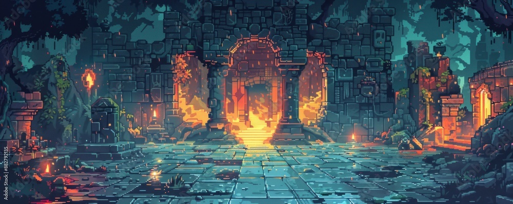 Wall mural a pixel art rendition of a pixelated dungeon filled with pixelated monsters and pixelated treasure, 