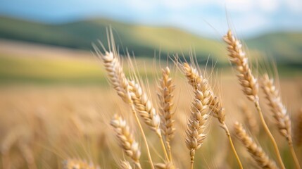 Fototapeta premium Serene Rural Sustainability: Rye Plants Swaying in Wind with Idyllic Rolling Hills Background