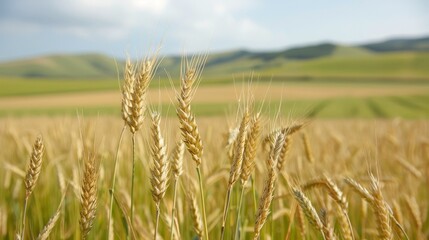Fototapeta premium Vibrant Mature Rye Ears Swaying in Green Hills - Agricultural Sustainability Concept
