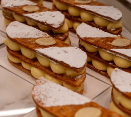 Portion of french mille-feuille cake, vanilla or custard slice, Napoleon puff pastry layered with pastry cream