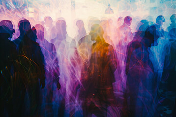 An abstract, crowded group of people with multiple colored exposure, representing chaos and confusion. Suitable for events, urban scenes, and diversity themes.