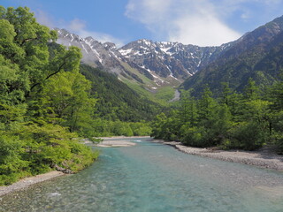 上高地　河童橋の上から見た梓川と初夏の穂高連峰