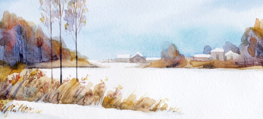 Watercolor painting. Rural winter landscape
