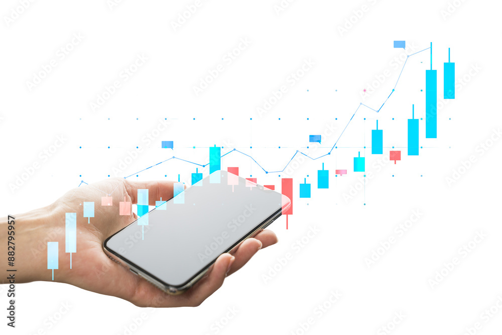Poster hand holding a smartphone with a digital graph overlay on an isolated white background, representing
