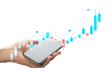 Hand holding a smartphone with a digital graph overlay on an isolated white background, representing growth and technology concept