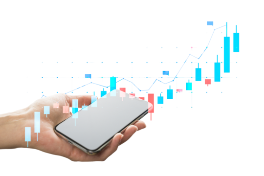 Hand holding a smartphone with a digital graph overlay on an isolated white background, representing growth and technology concept