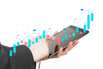 A person analyzing financial data on a tablet with stock market graphics overlay, isolated on a white background, financial concept