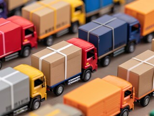 Assortment of vehicles showcasing highlighted packages for rapid distribution, with copy space, deep depth of field to cover all objects.