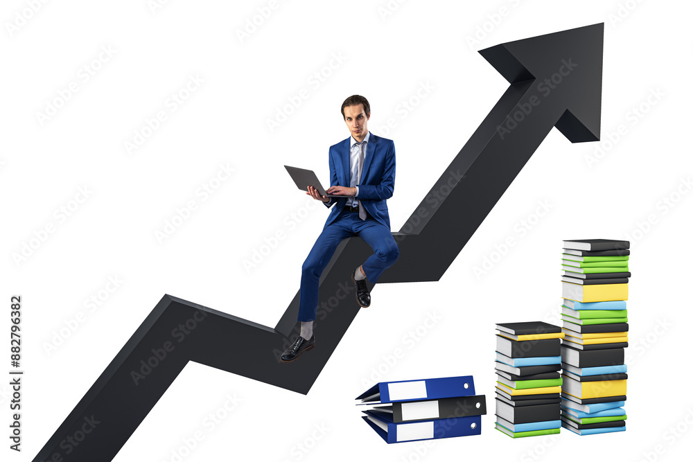 Poster a businessman works on a laptop while sitting on an upward trending arrow with piles of colorful boo