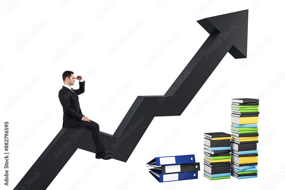 Poster a man in a suit sitting on an upward arrow, looking into the distance, next to stacked colorful book