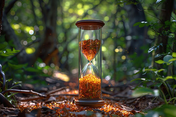 old generation hourglass in forest with green background generated by AI