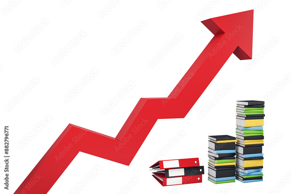 Poster a red ascending arrow next to stacks of colorful books on a white background, symbolizing education 
