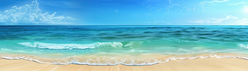 Fototapeta premium Tranquil Tropical Beach Panorama with Gentle Waves and Clear Blue Sky