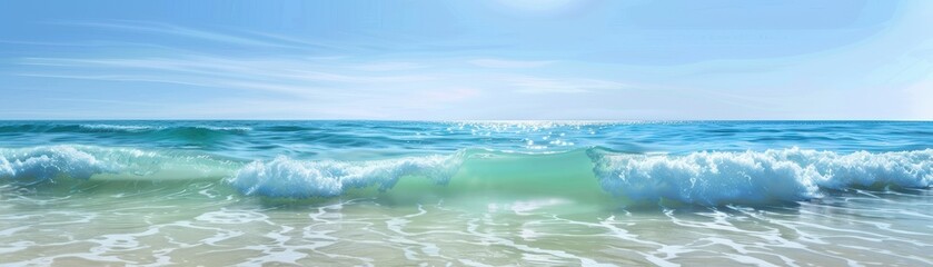 Obraz premium Gentle Ocean Waves Lapping at the Sandy Shore on a Bright Sunny Day