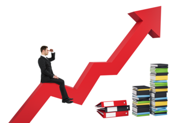A man in a suit sitting on an red upward arrow, looking into the distance, next to stacked colorful books, against a white background, depicting growth or progress concept