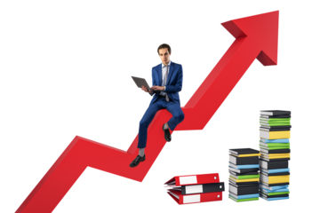 Man in blue suit sitting on a rising red arrow, working on a laptop, beside stacks of books, against a white background, symbolizing growth in knowledge