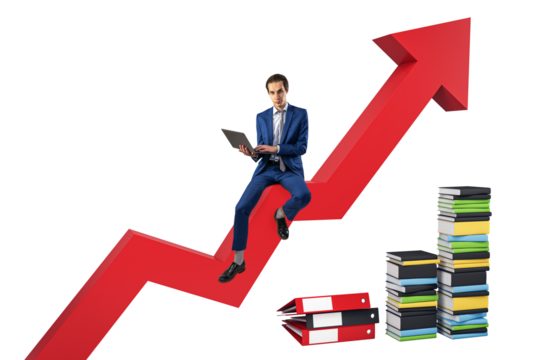 Man in blue suit sitting on a rising red arrow, working on a laptop, beside stacks of books, against a white background, symbolizing growth in knowledge