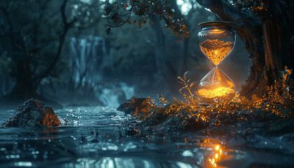 old generation hourglass in forest with green background generated by AI