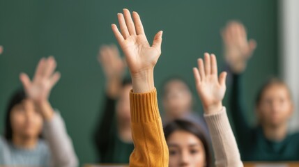 Active learning classroom with students raising hands, institution setting, deep depth of field, ideal for educational concepts.
