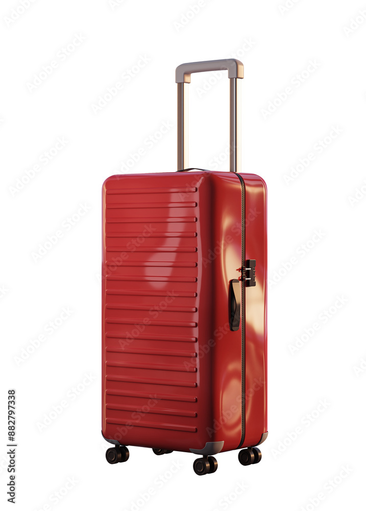 Poster red hard shell suitcase with an extended handle, isolated on white background, representing travel c