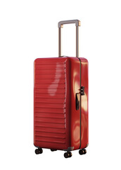 Red hard shell suitcase with an extended handle, isolated on white background, representing travel concept. 3D Rendering