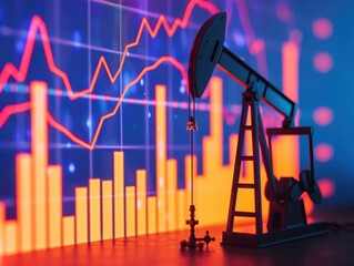 Oil pump jack with market graph overlay, depicting crude rate rise and financial impact, with copyspace, focused on object with deep depth of field