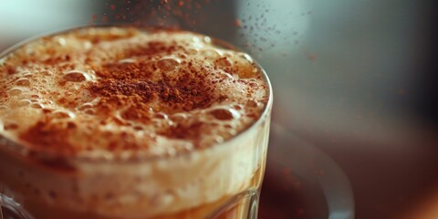A close-up of a glass of coffee with froth and chocolate sprinkles. AI.