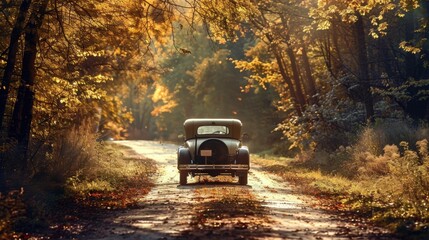 Vintage car on country road, autumn foliage, sunlight through trees, nostalgic feel, classic design