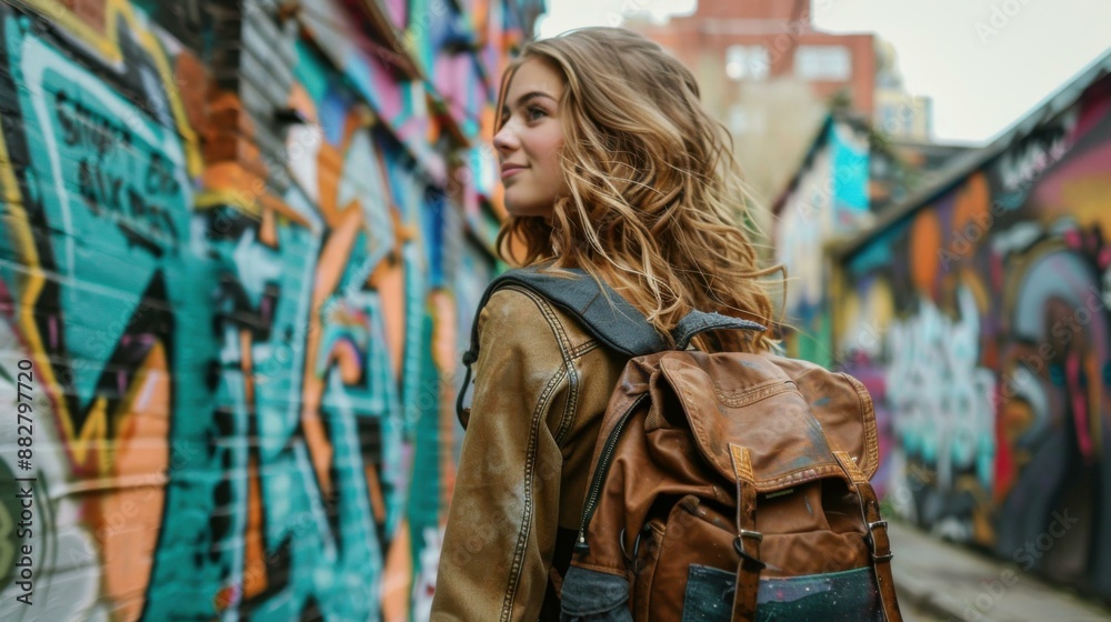 Poster A young woman with a backpack walks down an alleyway. AI.