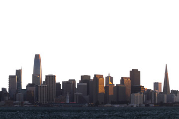 San Francisco skyline with illuminated buildings at sunset, silhouette style on a white background,...
