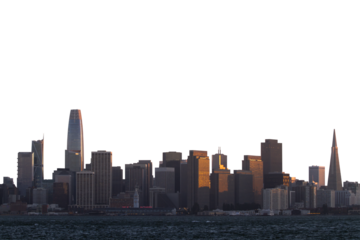 San Francisco skyline with illuminated buildings at sunset, silhouette style on a white background, urban concept