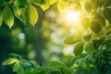 Beautiful sunlight shining through green leaves in spring forest background, nature concept...