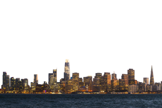 The San Francisco skyline at twilight with illuminated buildings, isolated on a white background, displaying a cityscape silhouette