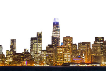 Illuminated San Francisco skyline against a dark sky, showcasing modern architecture and urban concept