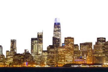 Illuminated San Francisco skyline against a dark sky, showcasing modern architecture and urban concept