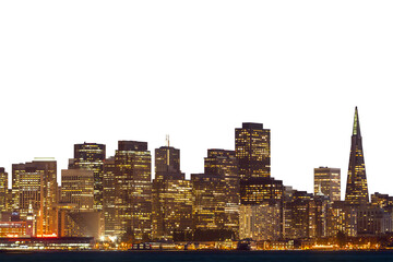 A silhouette of San Francisco skyline with illuminated buildings on a white background, concept of...