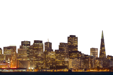 A silhouette of San Francisco skyline with illuminated buildings on a white background, concept of urban cityscape