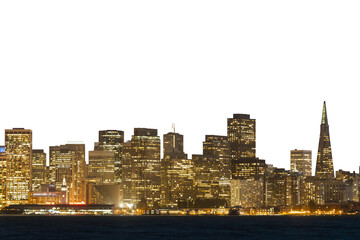 Naklejka premium San Francisco skyline illuminated at night with prominent buildings cut out on a transparent background, concept of urban layout design
