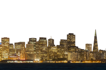 San Francisco skyline illuminated at night with prominent buildings cut out on a transparent background, concept of urban layout design