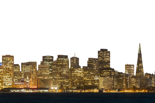 San Francisco skyline illuminated at night with prominent buildings cut out on a transparent background, concept of urban layout design