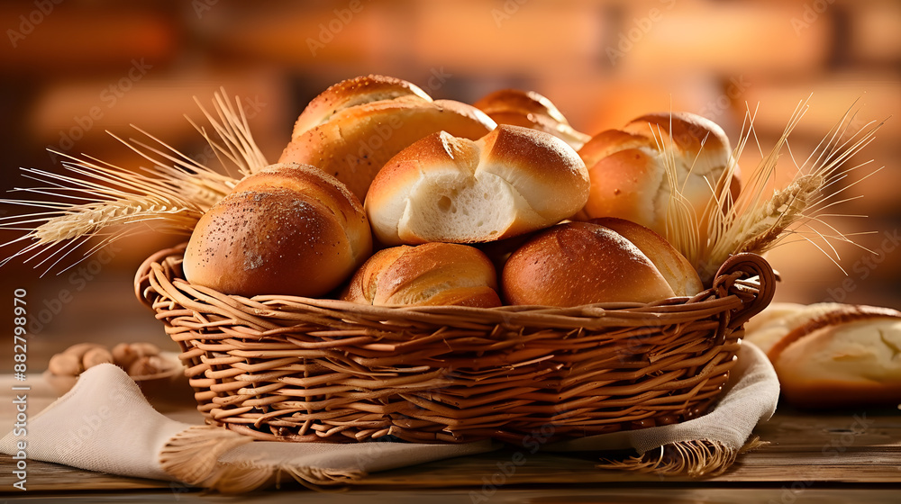 Poster Bread and lots of fresh bread buns in a basket on a wooden table