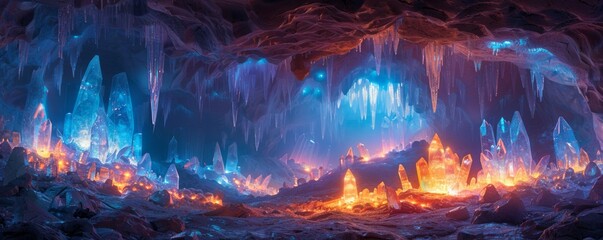 Subterranean cavern with glowing crystals.